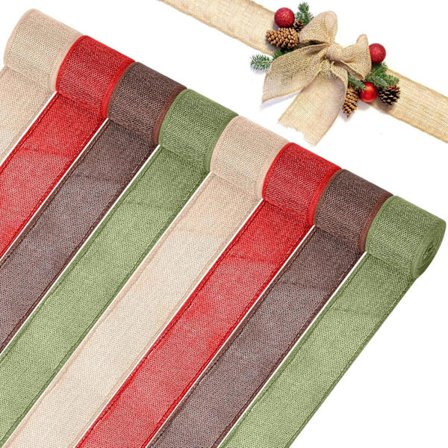 8 ruller julebånd med ståltrådskant, jule stofbånd med ståltråd, vævet bånd i 4 farver til juledekoration (6 cm)