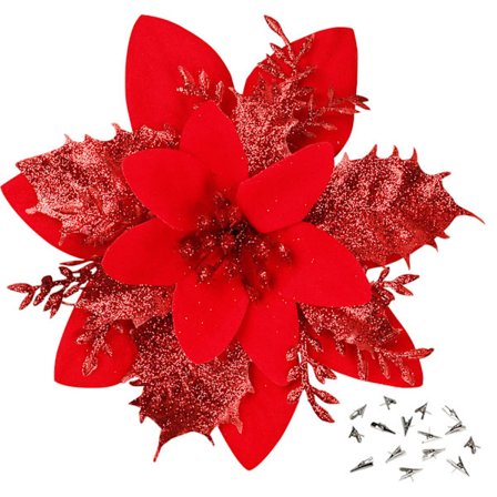 15 stk røde julestjerne kunstige blomster med klips til juletre