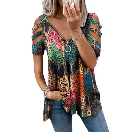 T-shirt Sommartryck Print V-ringad Dragkedja Tshirt Hollow Pullove