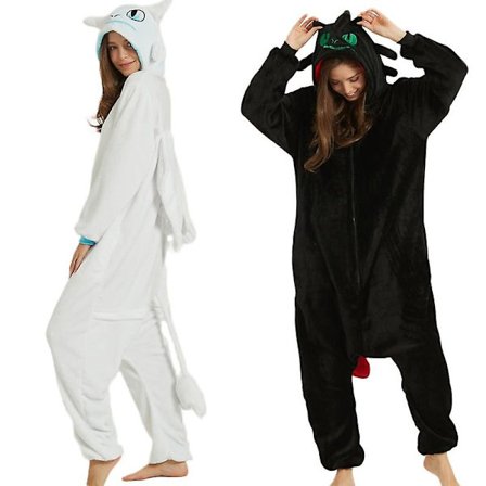 Hampaaton lohikäärme Valkoinen Musta Onesie Aikuisten unisex Flanellipyjama Anime Cosplay Puku Kouluta yö raivoasi Yöasut E46762ac Musta