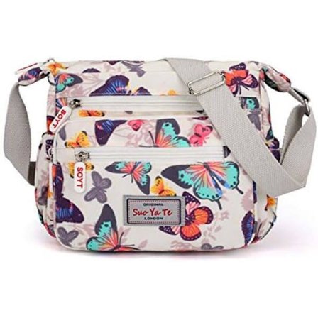 Flerlags afslappede crossbody-tasker til kvinder, vandtætte skuldertasker i nylon (Butterfly-White)