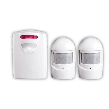 Sikkerhetsalarmsystemer, 1 mottaker og 2 PIR-bevegelsessensorer værbestandig for hage / garasje / låve, trådløst sirenesett for port og vindu