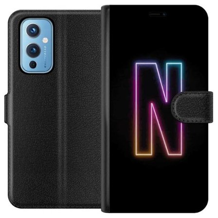Kompatibel Tegnebogsetui til OnePlus OnePlus 9 Minimalistisk neonbogstav N i farveskiftende lys mod sort baggrund