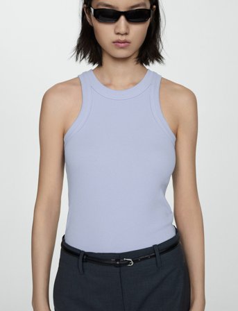 Mango Ribbed Cotton-Blend Top - Blue - XS