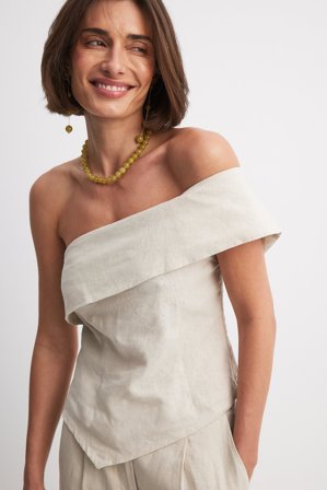NA-KD One Shoulder Linen Blend Top - Tøj i linen - Beige - EU 42