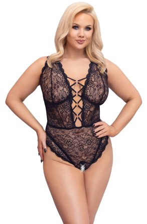 Cottelli Collection: Black lace body with open crotch & lacing - Erotik Vuxen: Plus size