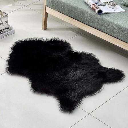Fluffy Faux Fur Saueskin Teppe Stue Soverom Gulv Teppe Tepper Hjem Decor Svart