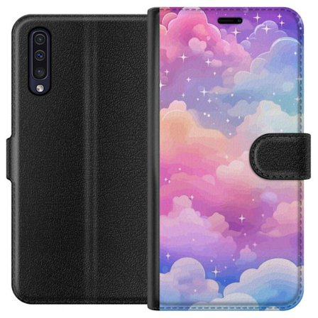 Kompatibelt Lommeboketui til Samsung Galaxy A50 Søt enhjørning med regnbuefarget hår mot en stjernebelagt pastellbakgrunn i kawaii-stil