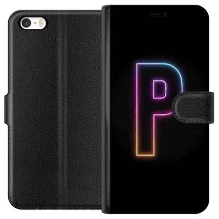 Kompatibel Tegnebogsetui til Apple Apple iPhone 5s Minimalistisk neonbogstav P i farvegradient og lyseffekt mod sort baggrund i digital neonstil