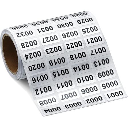 Vedenkestävät numerointitarrat, tarra-arkki 0,39 x 0,78 tuumaa (0001 - 2000)
