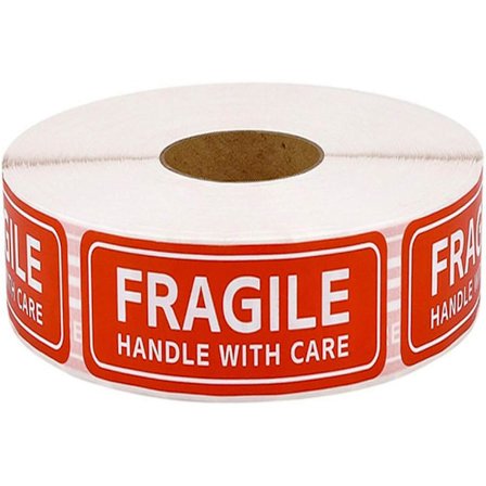 1 rulle / 150 etiketter, med röd bräcklig varningsetikett, hantera försiktigt (25 mm x 75 mm)