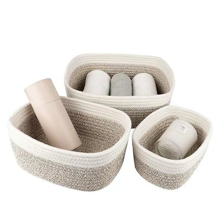 Sæt med 3 flettede opbevaringskurve i bomuldsreb til badeværelse, puslebord, børneværelsesindretning - stabelbare og multifunktionelle