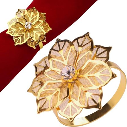 Sett med 6 blomsternapkinringer, hule napkinholdere i gullmetall for spisebord til bryllup, bursdagsfest, bankett, julemiddag, høytid, takk