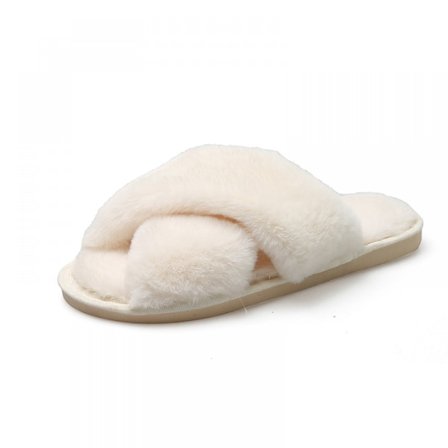 Kvinners myke tøfler med kryssbånd, myke plysj, koselige innesko, lodne, åpne tær, innendørs eller utendørs, sklisikre, varme, pustende såle