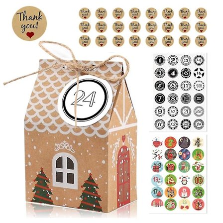 Liten husformad julkalender - godislåda i papper med julelement och numrerade nedräkningsstickers