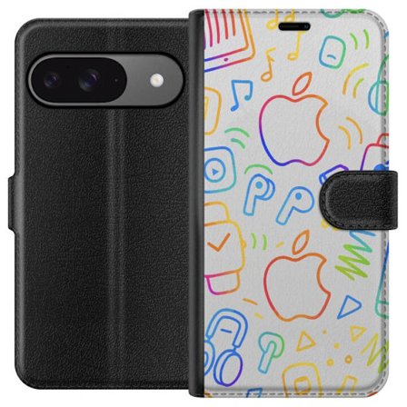 Kompatibel Tegnebogsetui til Google Google Pixel 9 Apple-ikonmønster med iPhone AirPods Apple Watch og musiksymboler farverigt tech-design perfekt ti