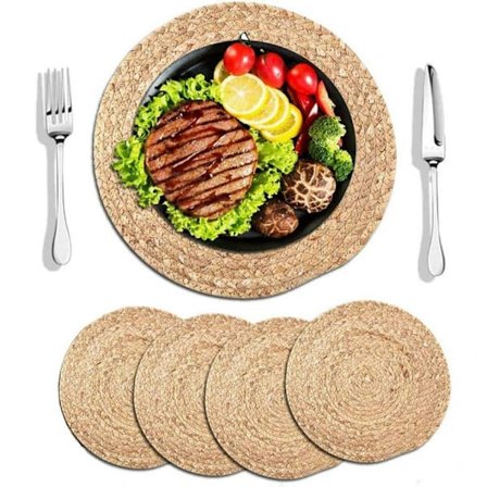 Bordsunderlägg Set för Matbord, Handgjorda Vävda Bordsunderlägg Rund Design Naturlig Vattenhyacint Material Värmebeständigt Halkfritt Bordskydd