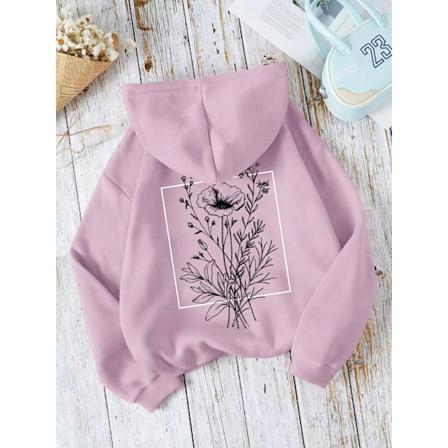 Ezwear Floral Print Kangaroo Pocket Drawstring Thermal Hoodie Thermalt Dusty Purple M