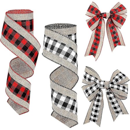 6 jaardin säkkikangasrullat ruudullisella nauhalla jouluun (musta, punainen, valkoinen)