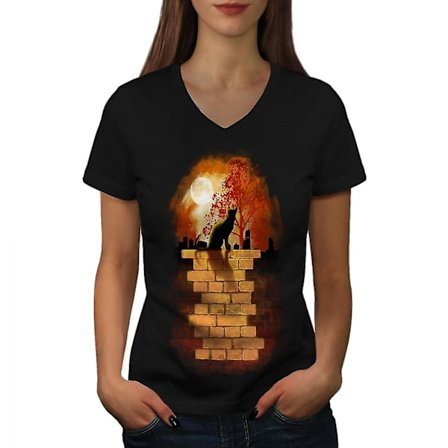 Sunset Nature Söt Katt Dam T-shirt med svart v-ringad hals