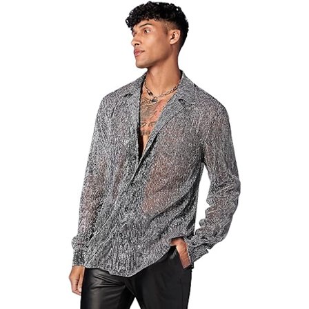 Mænds Gennemsigtig Mesh Glitter Knapliste Langærmet Skjorte Toppe
