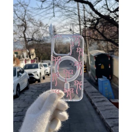 Deksel til iPhone 16 magnetisk akryl rosa sløyfe enkelt skall kortholder