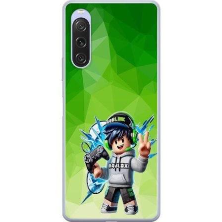 Kompatibelt Mobildeksel til Sony Xperia 10 V Roblox-inspirert gamerfigur med headset, håndkontroll og energiske effekter mot grønn bakgrunn