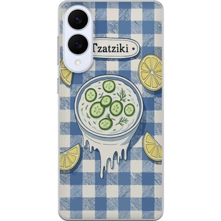 Kompatibelt Mobilskal till Samsung Samsung Galaxy S25 Edge Grekisk tzatzikiskål illustration, gurka citron dill blått rutigt mönster, köksplansch