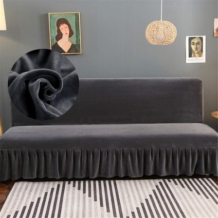 Sort Velour Armløs Futon Betræk med Flæse Kant Høj Stretch Armløs Futon Sovesofa Betræk Pletafvisende Maskinvaskbar Lille (Grå, M)