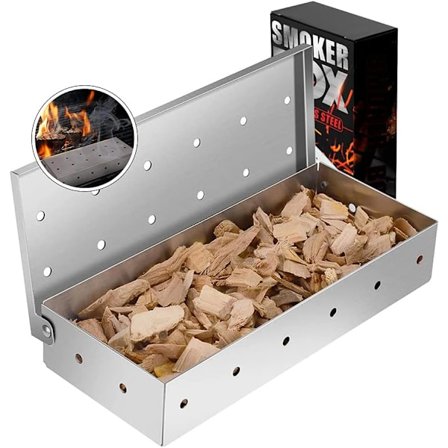 BBQ Rökbox för Kolgrillning, Fler Rökventiler för Förbättrad Smak, Lättöppnat Gångjärnslock för Snabbt Byte av Träflis, Hållbart Rostfritt Stål