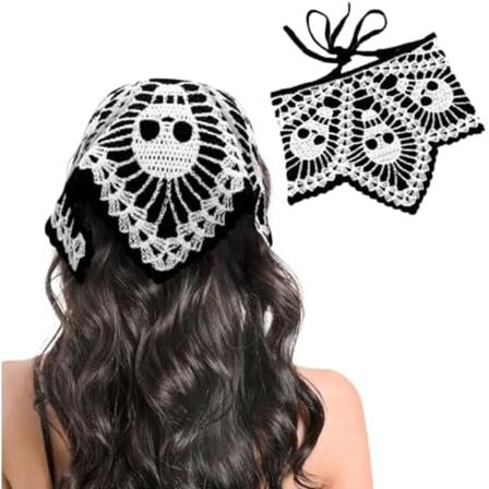 Hæklet Bandana til Kvinder Edderkoppespind Skalle Hæklet Hovedtørklæde Sort Hæklet Pandebånd Halloween Strikket Hovedtørklæde