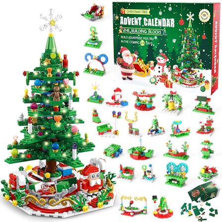 Julekalender 2025 Juletræsbyggesæt, 696 dele Jule Nedtællingskalender Byggeklods med 24 Figurer, Juletræ
