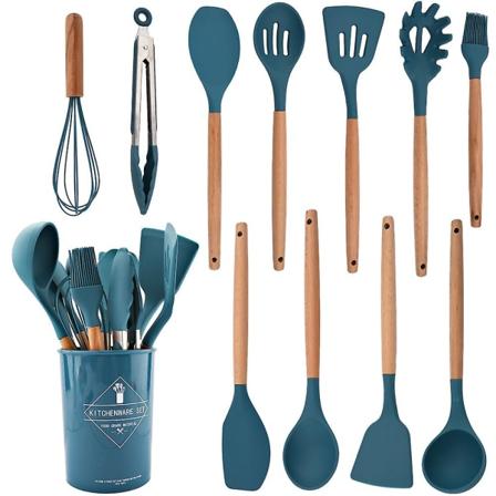 Varmebestandig silikon kjøkkenutstyr, kokeutstyrsett, kjøkken, ikke-klebende kokeutstyr, bakeverktøy med oppbevaringsboks Blue 12Pcs