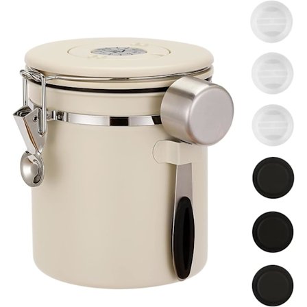 Kahvisäiliö Kahvipapusäiliö CO2-vapautusventtiilillä ja kauhalla Kahvipurkki Pavuille, Jauheille, Sokeri16OZ, Beige