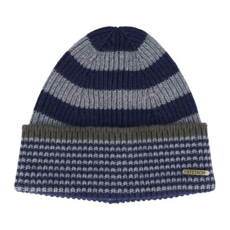 Stetson - Blå cuff Beanie - Beanie Stripes Wool Navy/Grey/Olive Cuff @ Hatstore
