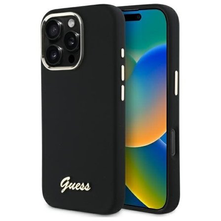 Guess Silicone Script Metal Logo & Frame Case til iPhone 16 Pro - Sort