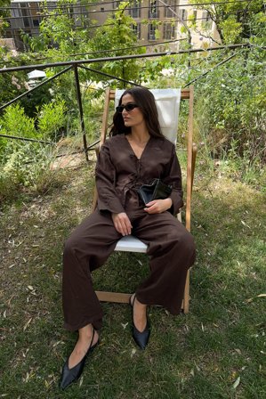 NA-KD Linen Blend Mid Waist Trousers - Pantalons en lin - Brun - EU 42