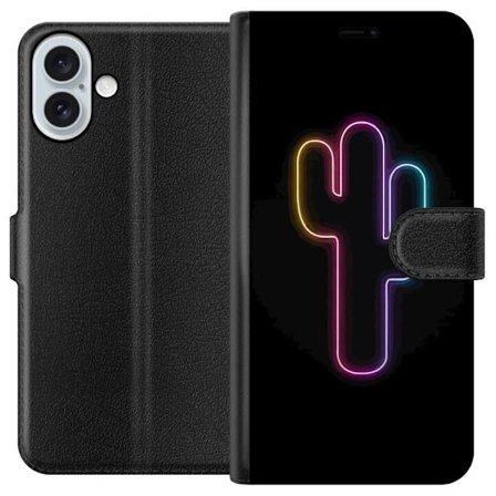 Yhteensopiva Lompakkokotelo Apple Apple iPhone 16 Plus Neonpiirros kaktuksista vaaleanpunaisessa ja sinisessä valossa tummaa taustaa vasten