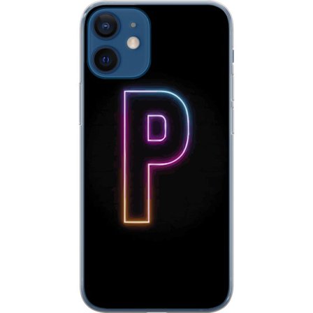 Kompatibel Mobilcover til Apple Apple iPhone 12 Minimalistisk neonbogstav P i farvegradient og lyseffekt mod sort baggrund i digital neonstil