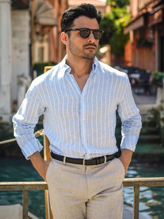 John Henric Men's Hellblau Gestreiftes Casual Fit Leinenhemd Size M