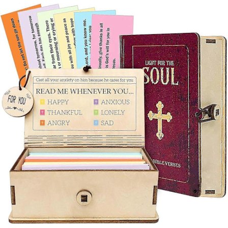 Håndlavet Bibelversboks i Træ (150 stk), Bibelvers med Trææske til Følelser, Inspirerende Bibelgaver, Dimissionsgave, Kristne