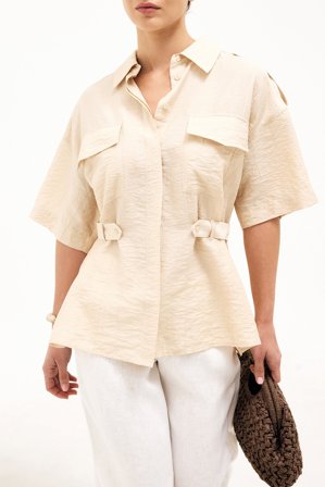 NA-KD - Kortermet cargoskjorte - Skjorter - Beige - EU 38