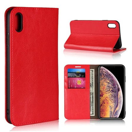iPhone Xs Max Plånboks mobilfodral av äkta läder med vildhäst textur och kort samt sedel plats - Röd