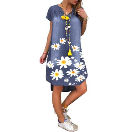 Kvinnor Print Klänning Sommar Casual Fake Denim Diasy Printin