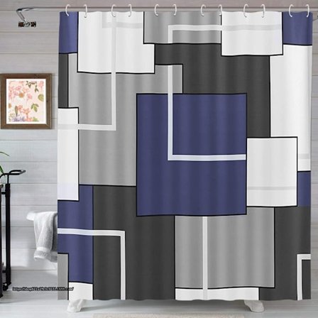 Blå duschdraperi Set med krokar Blå och vit duschdraperi