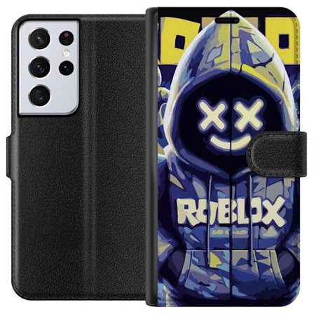 Kompatibelt Lommeboketui til Samsung Samsung Galaxy S21 Ultra 5G Blågul Roblox hettegenserfigur med minimalistisk neonstil og masket ansikt, moderne