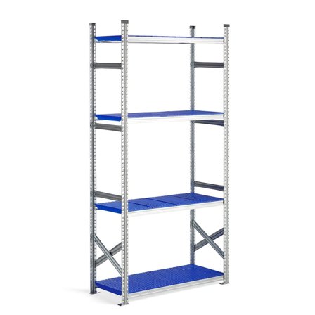Reol grunnseksjon med blå plasthyller, 2500x1200x500 mm