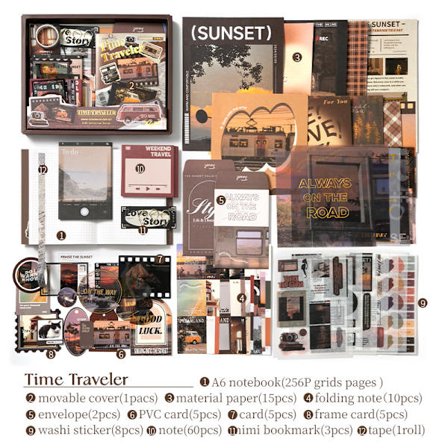 Anteckningsbok - Estetiskt Scrapbook-kit, med A6 Rutnät Anteckningsbok Washi Papper Stickers (Sunset)