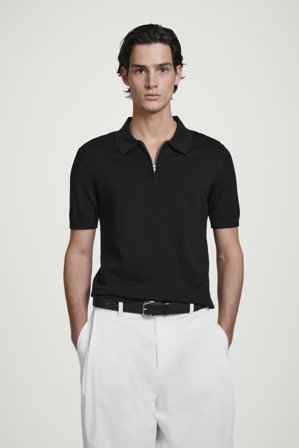 COS Men's Slim Knitted Silk Zip Up Polo Shirt in Black