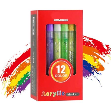 Højt Pigmenterede Akrylpenne, Tegnepennesæt med Fiberspids, Nye Akrylpenne til Stenmaling, Keramik, Glas, 12 stk